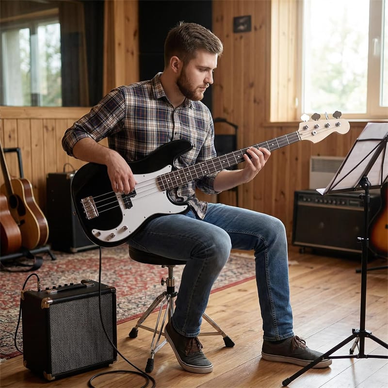 46" Right-handed Electric Bass Guitar, 4 Strings Full Size Bass Kit with Double Pickups, Open-gear Tuning, Gig Bag, Strap & Cable for Beginners