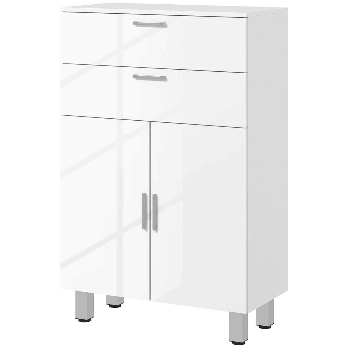kleankin Badezimmerschrank mit 2 Schubladen, Doppeltürschrank und verstellbaren Regalen 60 x 30 x 93 cm weiß glänzend