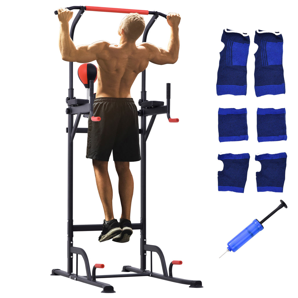 HOMCOM Klimmzugstation Multifunktionales Muskeltraining Punching Ball Roman Chair mit höhenverstellbarem Stahl Schwarz Rot