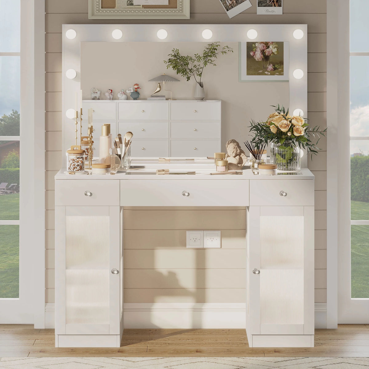 ABOVOBA Vanity Desk with Mirror and Lights, 3 Drawers and Power Outlet Makeup Vanity for Women, White