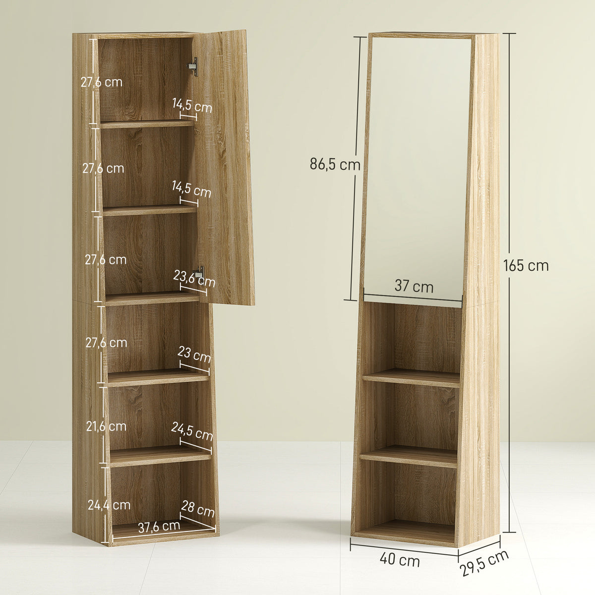 HOMCOM Badezimmerschrank Säule trapezförmig mit Spiegeltür, 6 Regalebenen, 40 x 30 x 165 cm