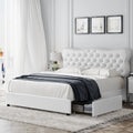 Homfa White Queen Bed Frame with Drawer, PU Leather Upholstered Storage Platform Bed Frame with Button Tufted Headboard, Noise Free