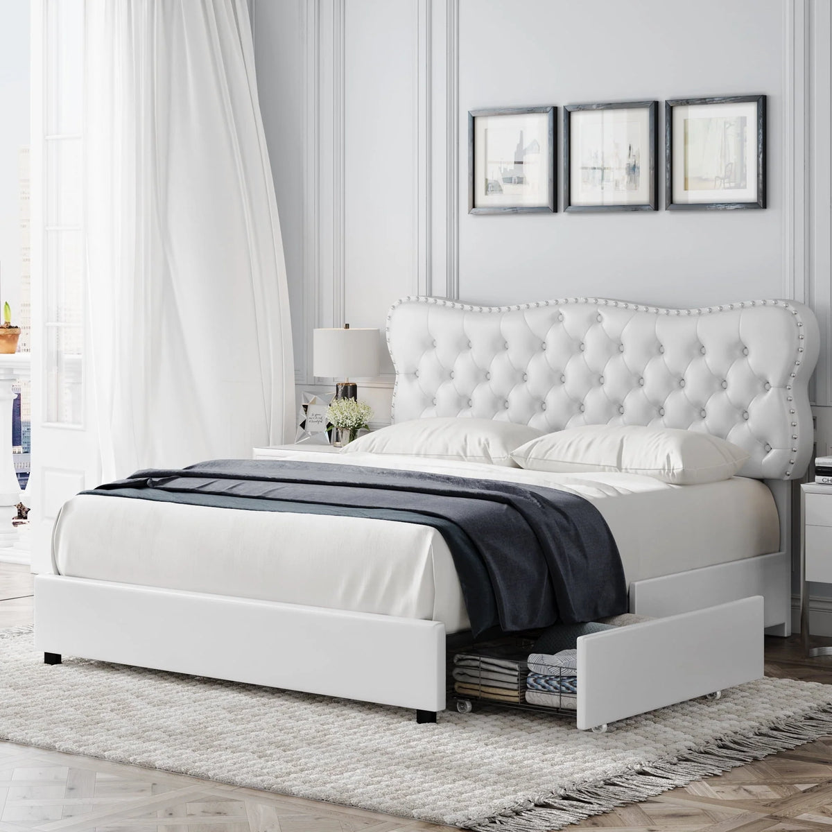 Homfa White Queen Bed Frame with Drawer, PU Leather Upholstered Storage Platform Bed Frame with Button Tufted Headboard, Noise Free