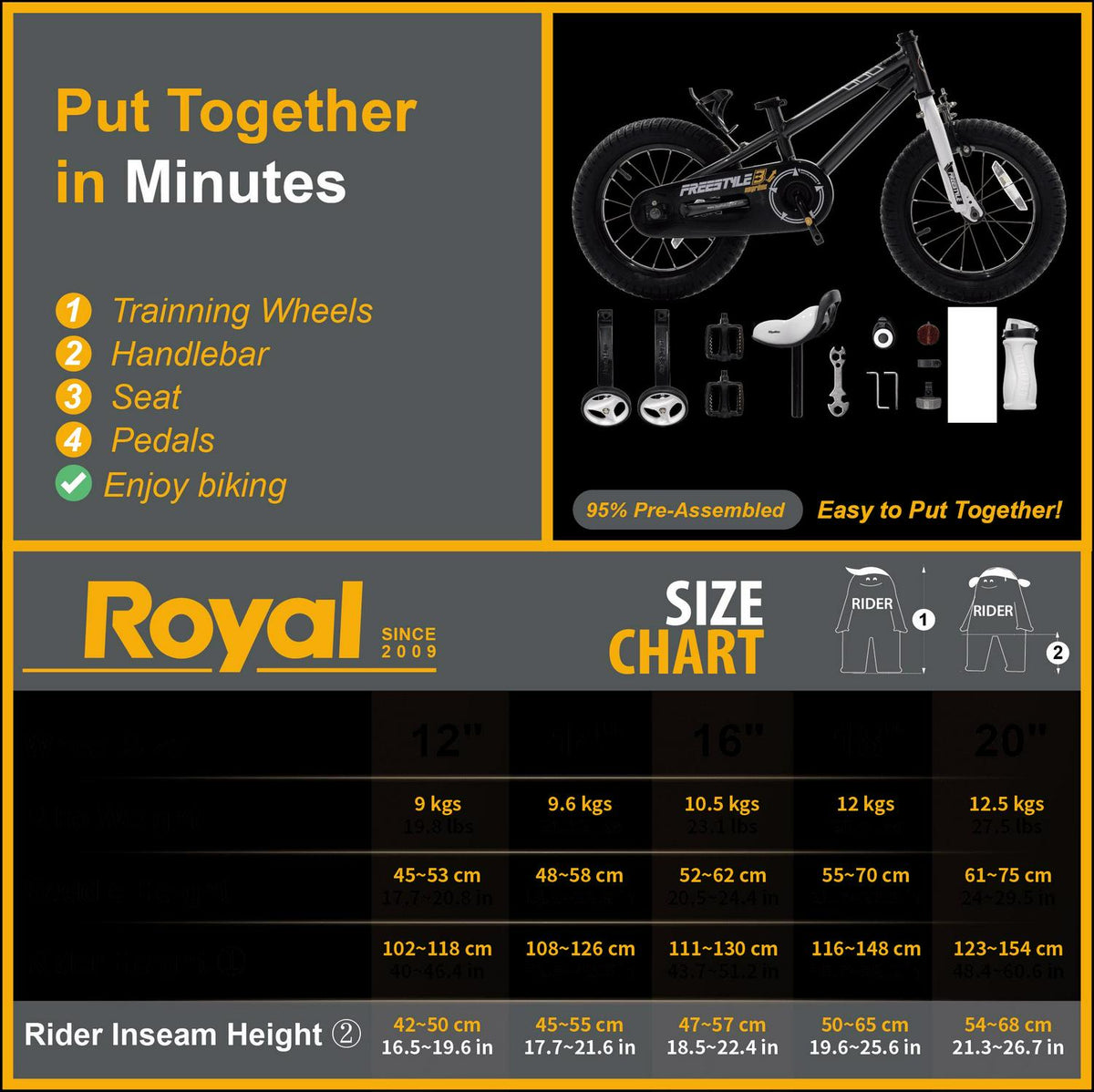 Royalbaby Boys Girls Kids Bike 14 in BMX Freestyle Black 2 Hand Brakes Bicycles with Training Wheels Child Bicycle