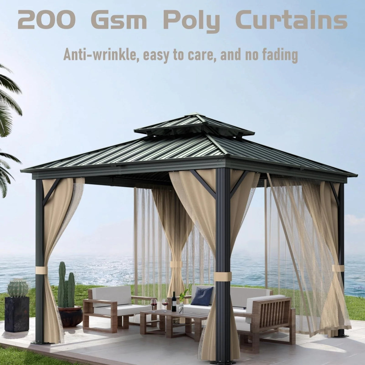 10x10 Hardtop Gazebo with double metal roof. aluminum frame. net. and curtain. All-weather. ideal for patio. deck. garden. backyard. Khaki.