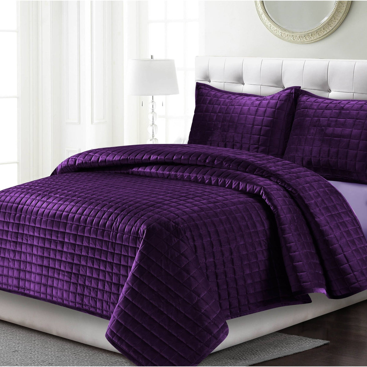 Tribeca Living Florence Velvet Oversized Solid Quilt Set Twin Purple