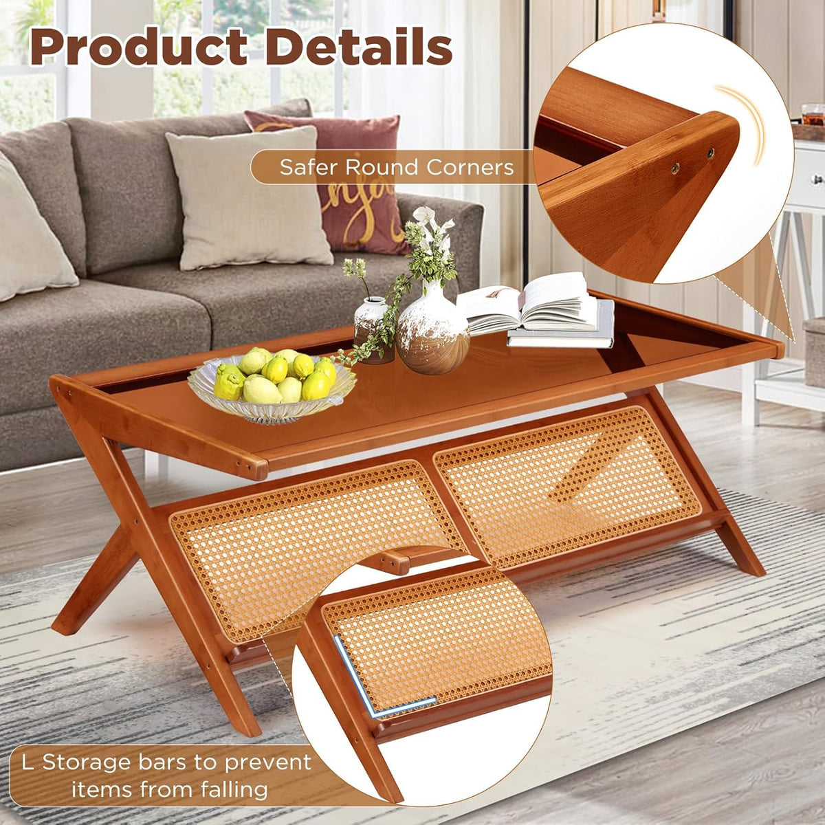 AECOJOY 47" Mid-Century Modern Coffee Table with Glass Top, Bamboo Accent Bedside Tables
