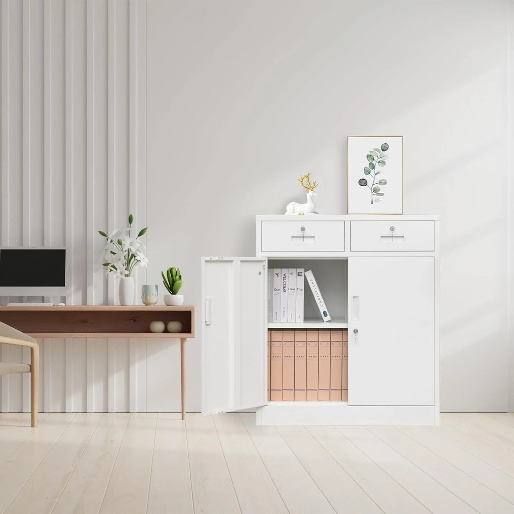 CMY Metal Storage Cabinet, 71" H x 32" W x 16" D Locking Cabinet with Adjustable Shelves and 2 Drawers, Steel Storage Cabinet for Office, Garage, Home, School, Utility Room - White