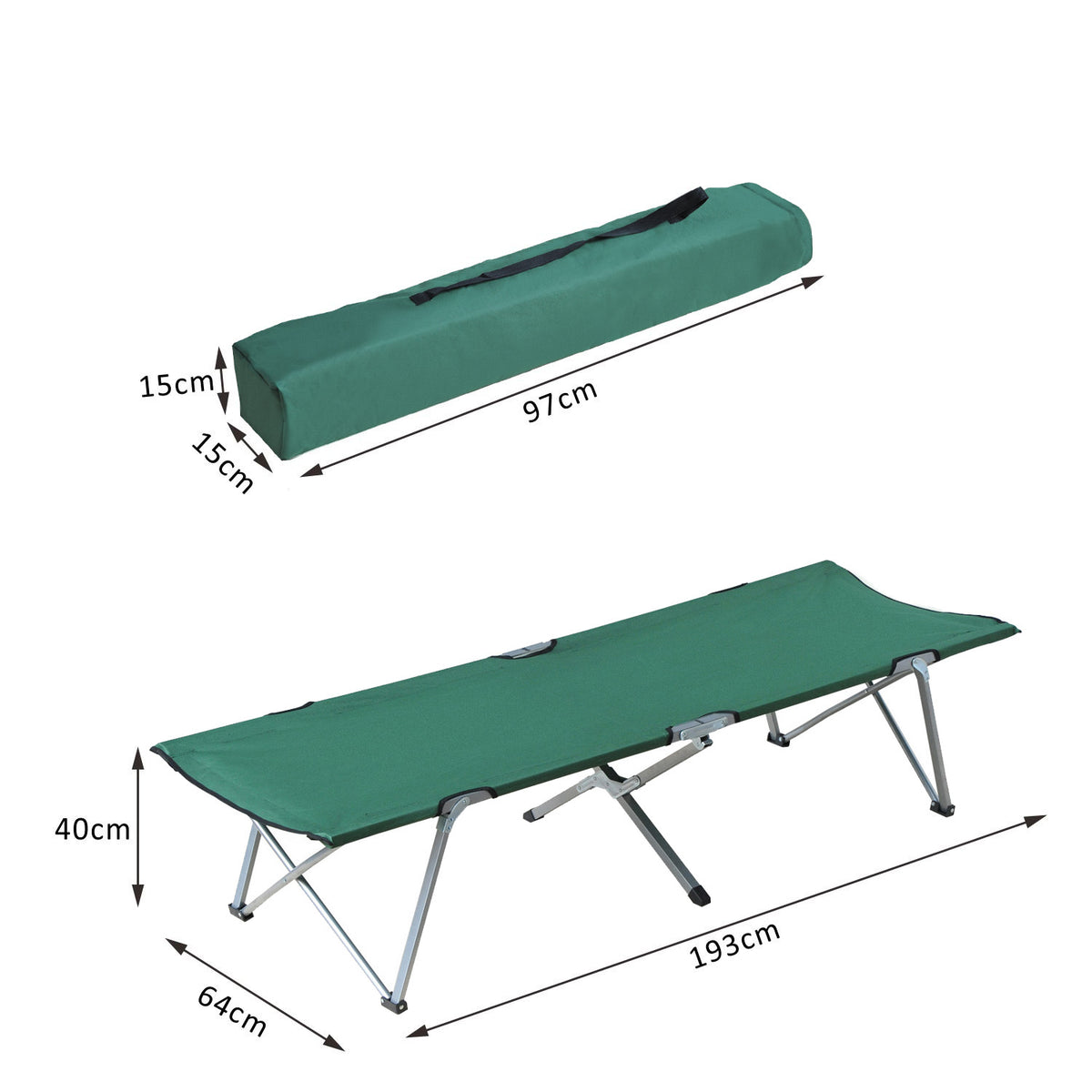Outsunny Feldbett, Klappbett 193 x 64 x 40 cm mit Transporttasche aus Oxford-Polyester Metall in Grün und Grau