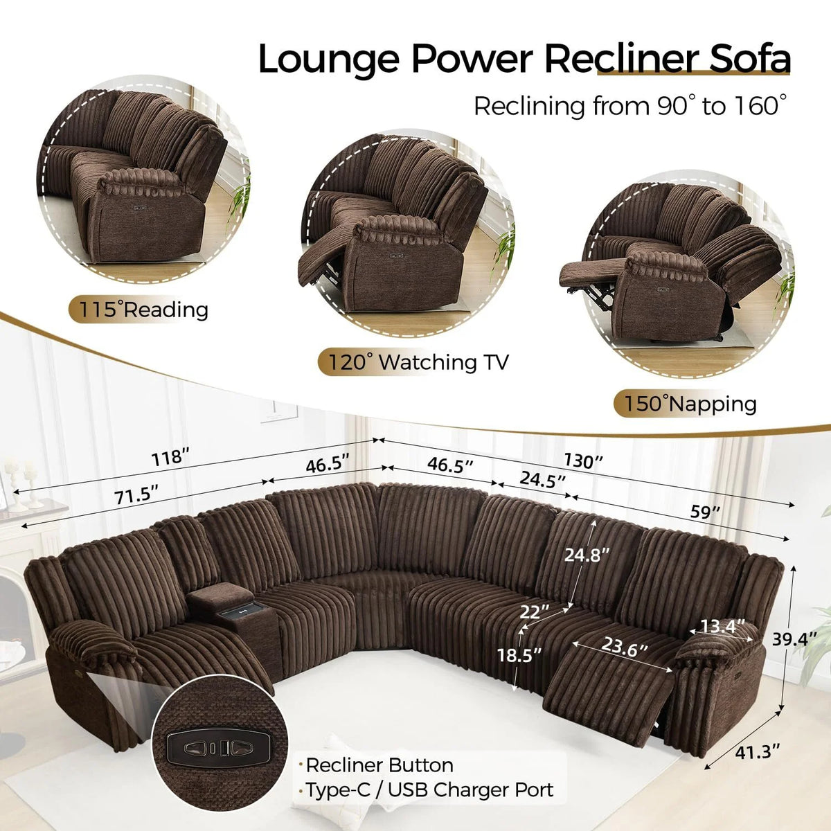 Power Reclining Sectional Sofa with Wireless Charger, 6 - Seater Faux Fur Sectional with Recliners, Hidden Cup Holders, Storage Console, USB & Type - C Ports, Black