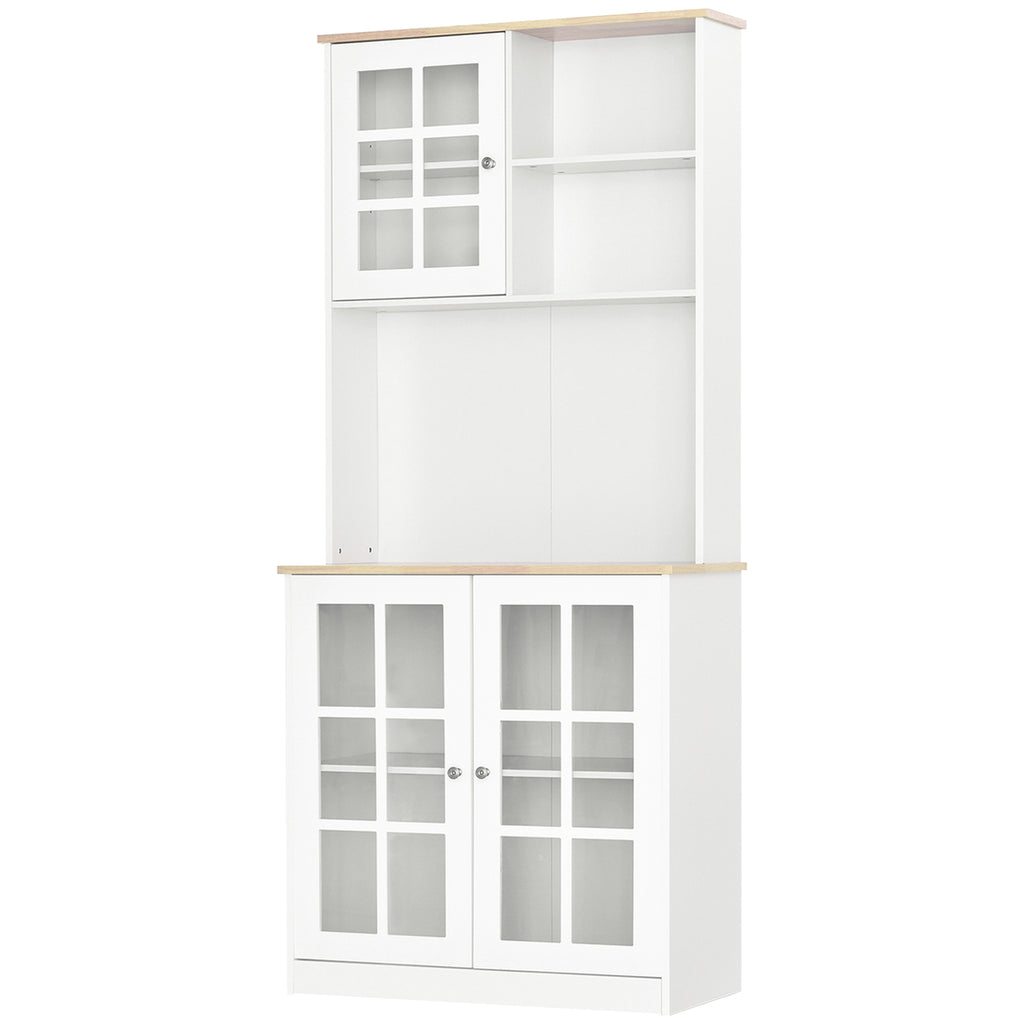 HOMCOM Küchenbuffet, Küchenschrank-Vitrine mit vielen Stauräumen, 3 Glasfronten mit Regal, 2 Fächer, große Arbeitsplatte, MDF weiß Eiche