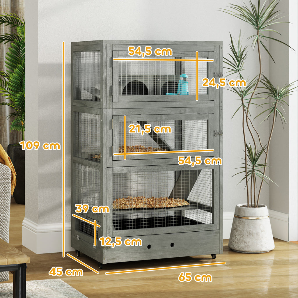 PawHut 4-stufiger Hamsterkäfig aus Holz, mit Hütten, Wippe, Futterschalen, Rampen, Rollen, 65 x 45 x 109 cm, Grau