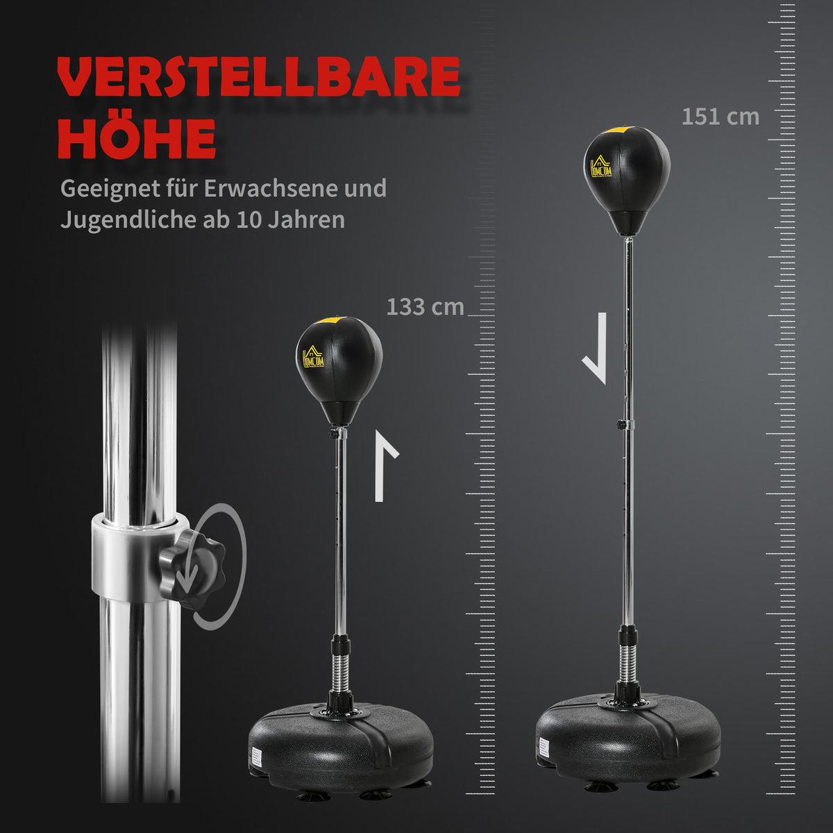HOMCOM Punchingball Set Standbox Fitness Boxsack Training Set 133-151 cm höhenverstellbar mit 1 paar Handschuhe geeignet für Profis und Anfänger Schwarz