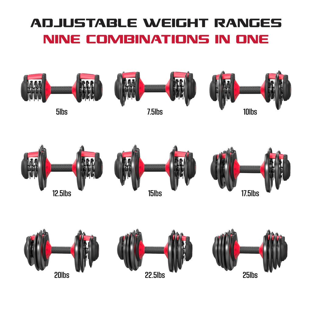 Fitrx Adjustable Dumbbells 2 - Pack, 25 lb Smartbell Dumbbell Set with 9 - in - 1 Quick - Select Weights, 2.5 lb Increments for Home Gym