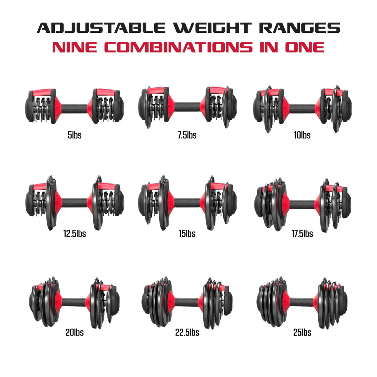 Fitrx Adjustable Dumbbells 2 - Pack, 25 lb Smartbell Dumbbell Set with 9 - in - 1 Quick - Select Weights, 2.5 lb Increments for Home Gym