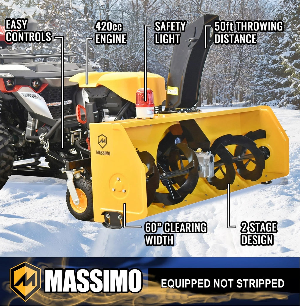 Massimo 60" Snow Blower 2 - Stage - 13HP 420cc Gas Powered UTV/ATV Attachment for Heavy Duty Snow Removal