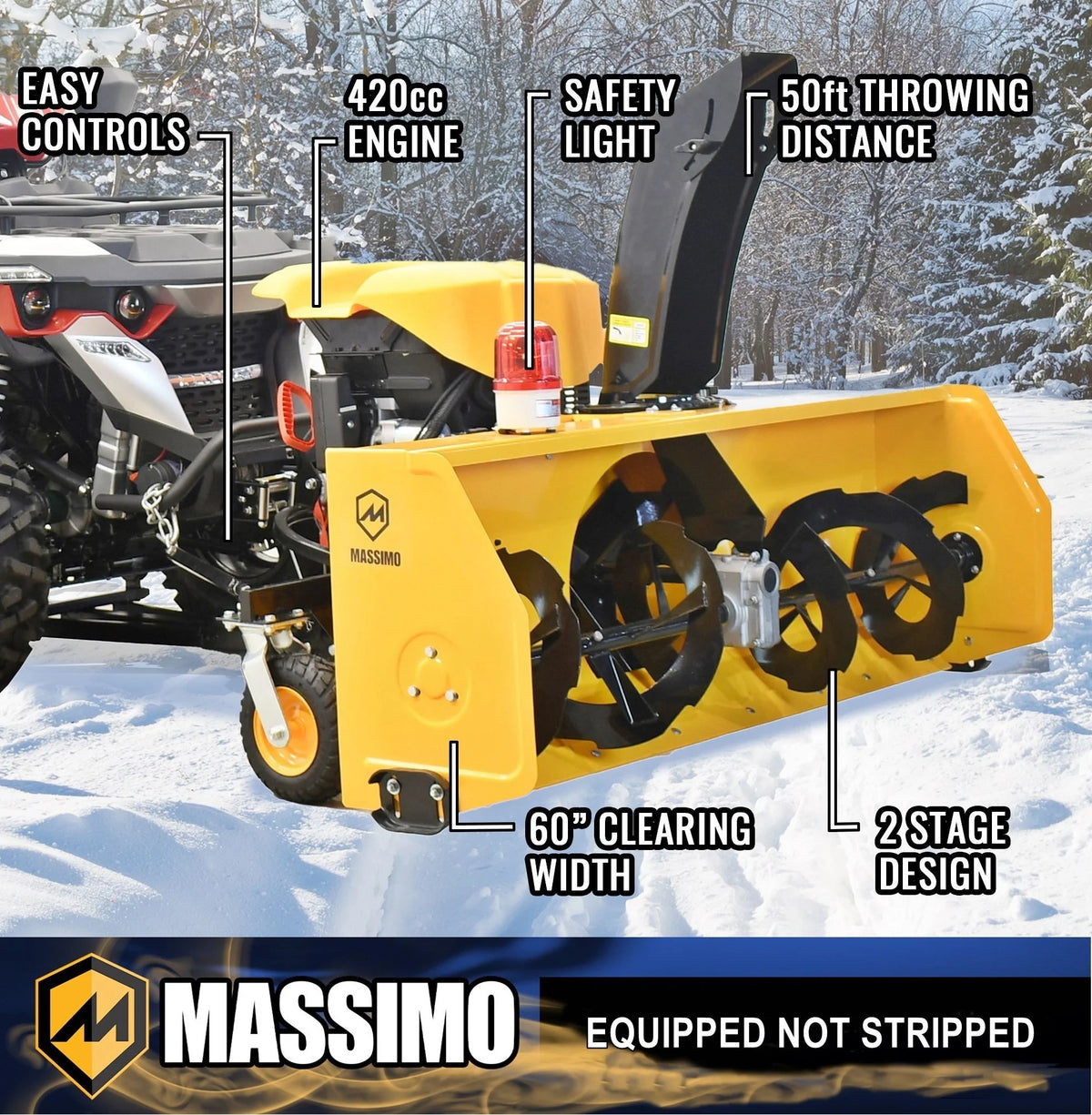 Massimo 60" Snow Blower 2 - Stage - 13HP 420cc Gas Powered UTV/ATV Attachment for Heavy Duty Snow Removal