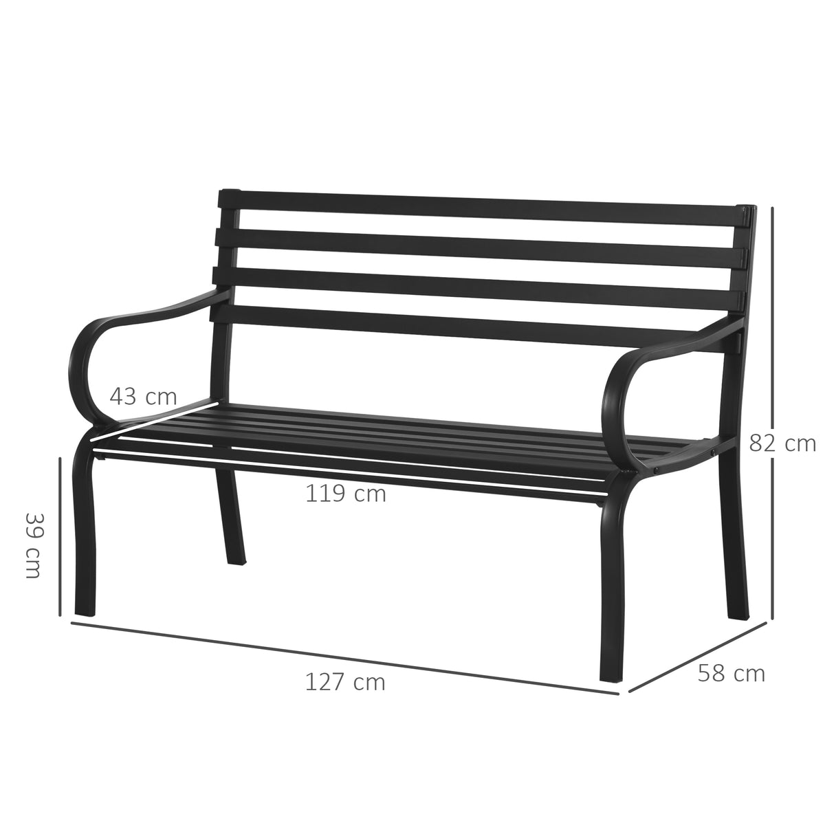 Outsunny 2-Sitzer Gartenbank Sitzbank 240kg belastbar Bank Gartenmöbel für den Innen- und Außenbereich geeignet 127 x 58 x 82 cm Schwarz