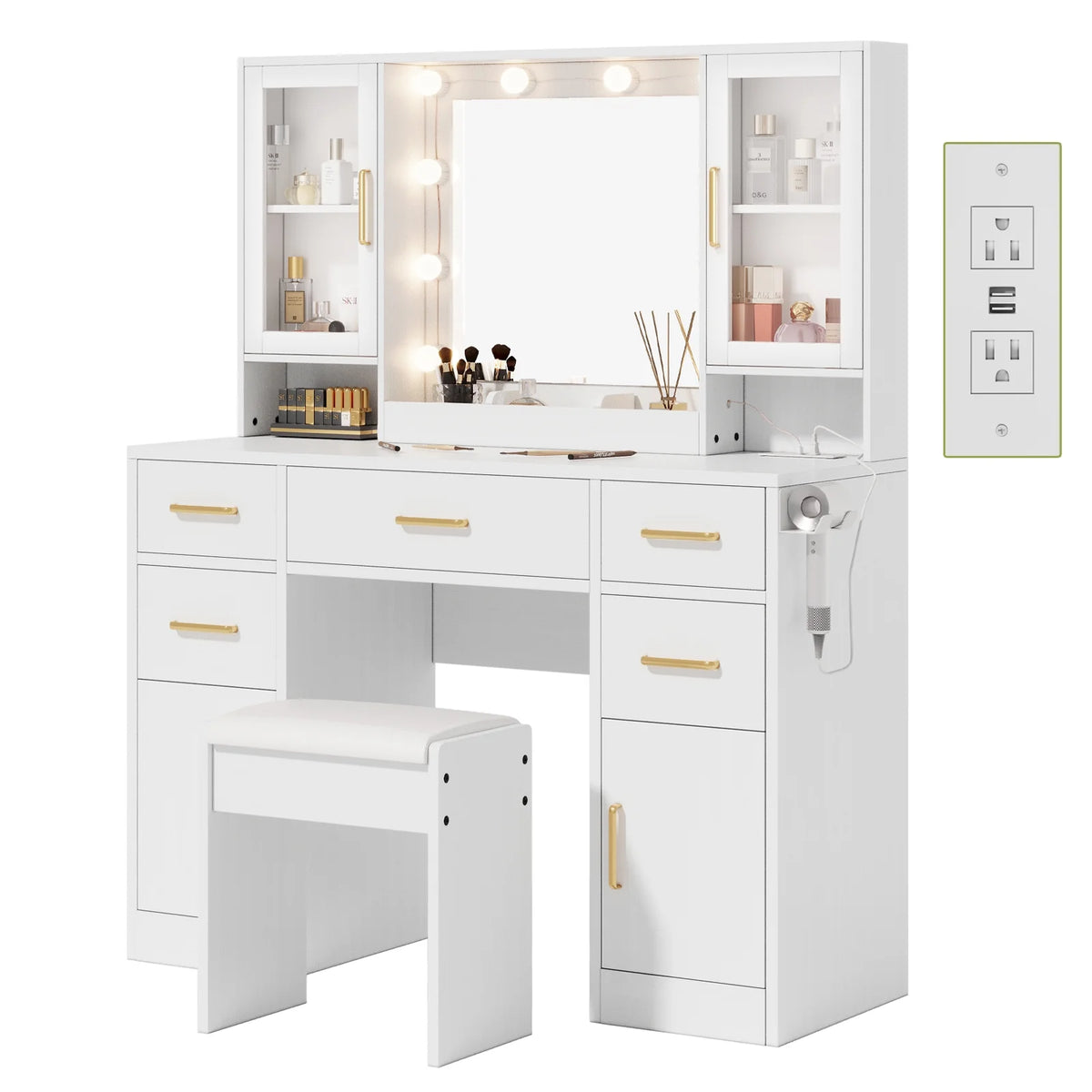 UGTOO 58.3" White Vanity Desk with Mirror, Adjustable Lighting, Power Outlet, Drawers, with Stool