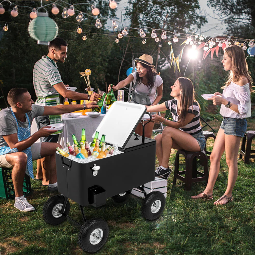 VINGLI 80 Quart Wagon Rolling Cooler Ice Chest, W/Long Handle and 10" Wheels, Portable Beach Patio Party Bar Cold Drink Beverage, Outdoor Park Cart on Wheels