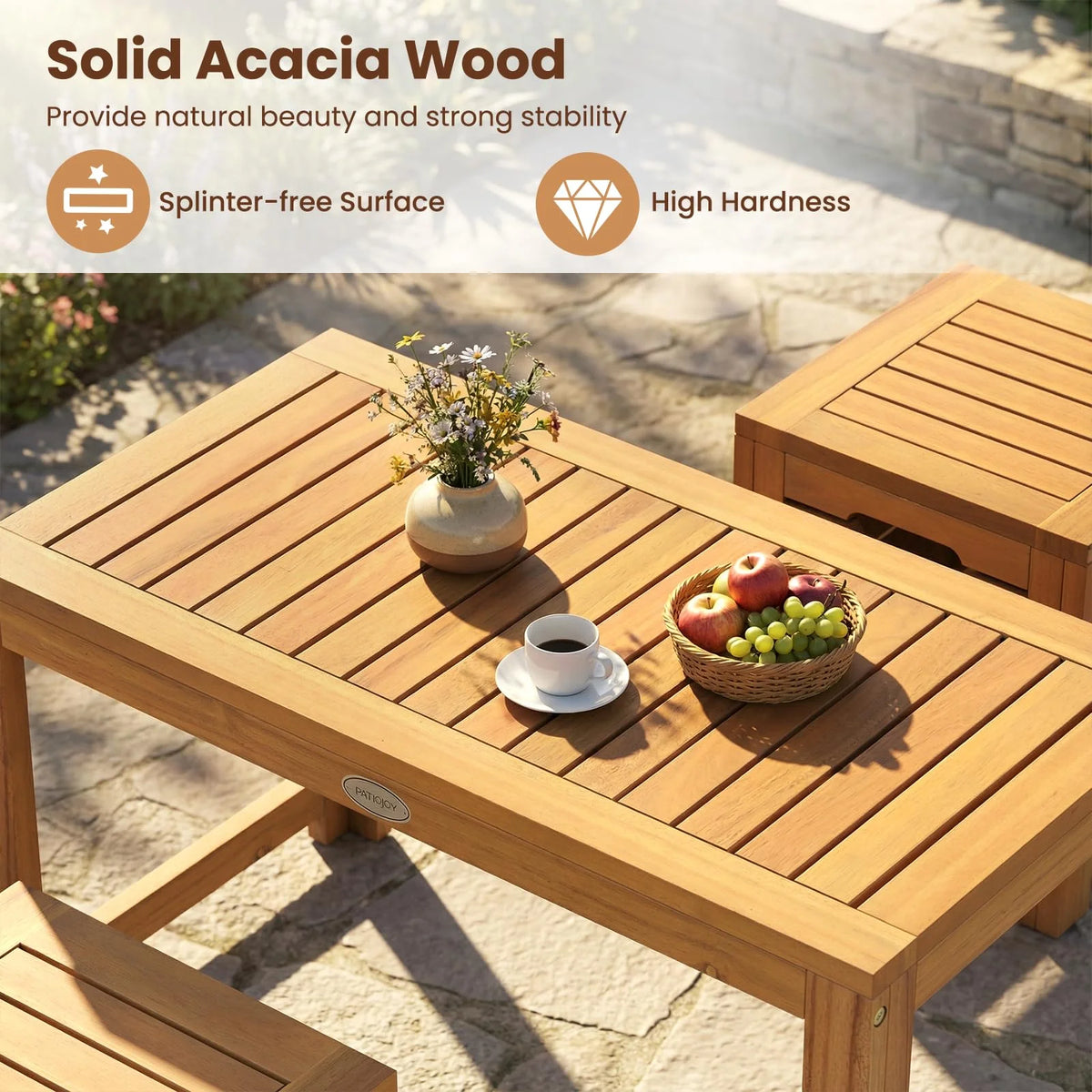 Tangkula Acacia Wood Outdoor Coffee Table with Stools Set of 2