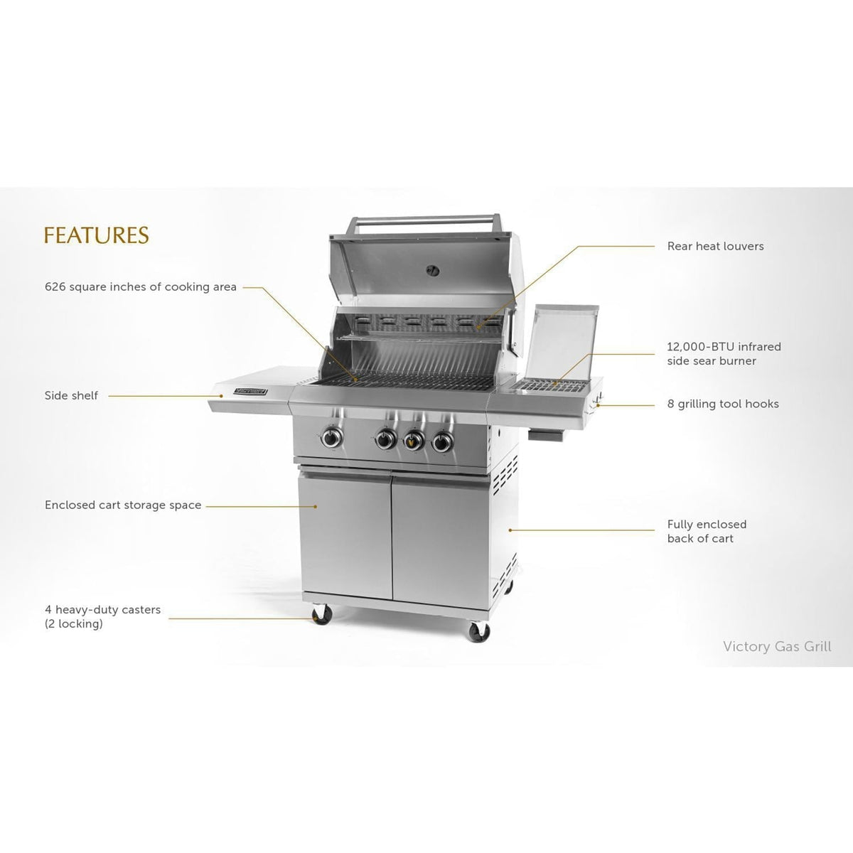 3-Burner Propane Gas Grill With Infrared Side Burner - BBQ-VCT3BSB-LP