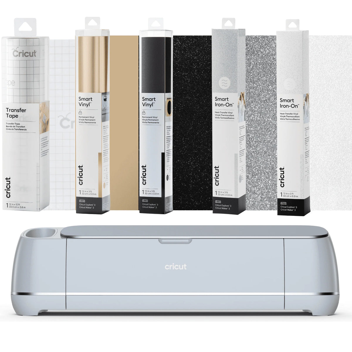 Cricut Maker 3 Smart Machine - DIY Value Shimmer Vinyl, Glitter HTV, Transfer Tape Bundle