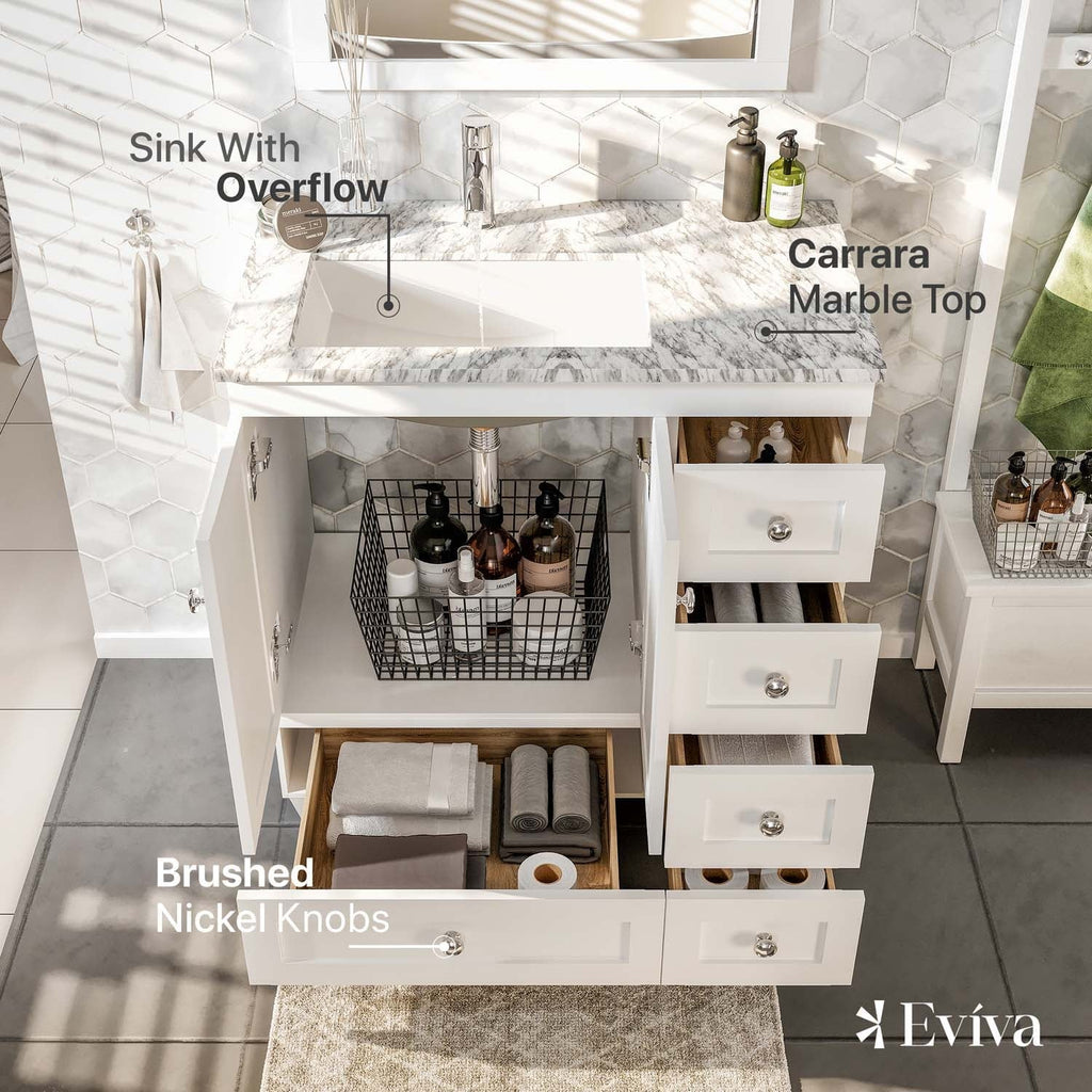 Eviva Happy 30" W x 18" D x 34" H White Bathroom Vanity with White Carrara Marble Counter - Top