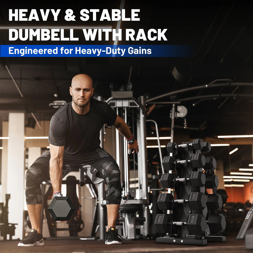 150 lb Dumbbell Set with Rack, Rubber Encased Hex Free Weights for Home Gym Strength Training