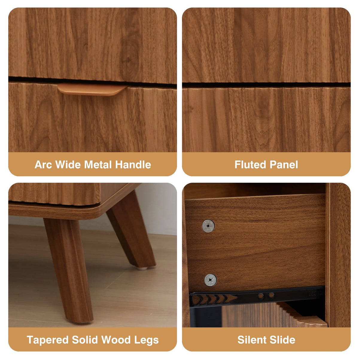 YOCWO Fluted Nightstand for Bedroom Set of 2, Wood Bedside Table Set of 2 with Drawers, Black