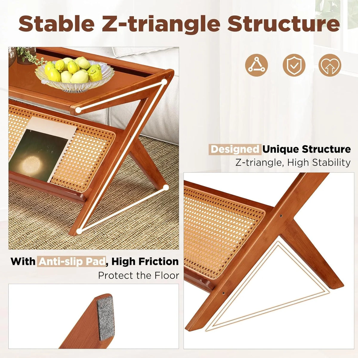 AECOJOY 47" Mid-Century Modern Coffee Table with Glass Top, Bamboo Accent Bedside Tables