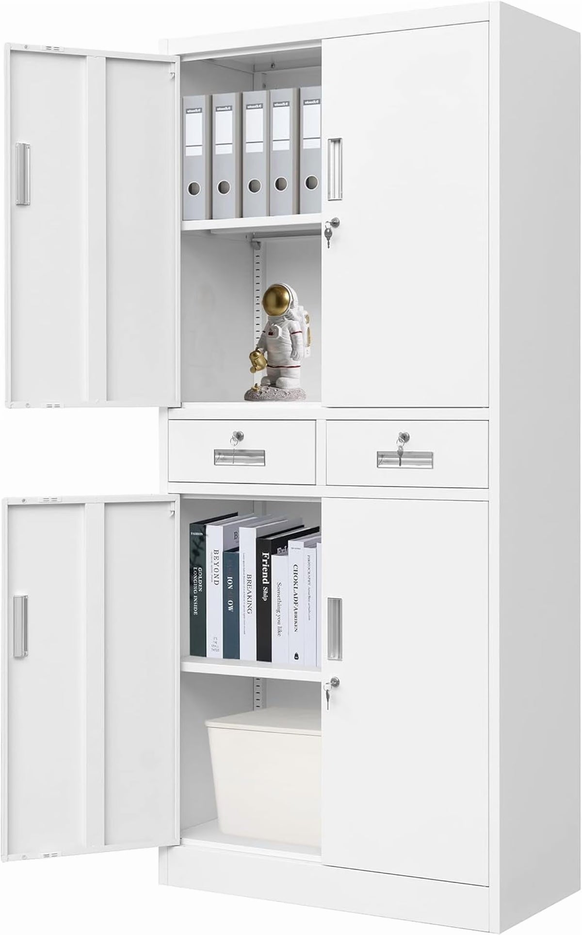 CMY Metal Storage Cabinet, 71" H x 32" W x 16" D Locking Cabinet with Adjustable Shelves and 2 Drawers, Steel Storage Cabinet for Office, Garage, Home, School, Utility Room - White