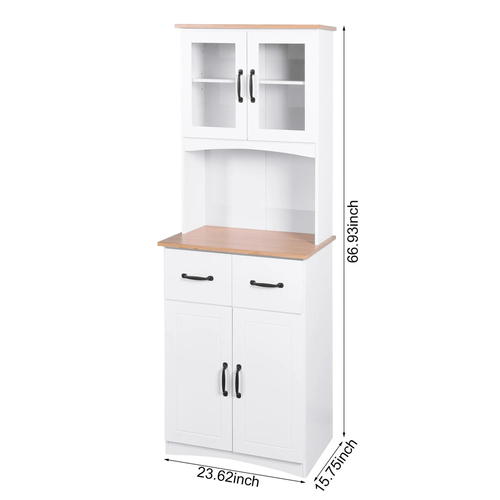 Clearance! Wooden Kitchen Cabinet White Pantry Room Storage Microwave Cabinet with Framed Glass Doors and Drawer