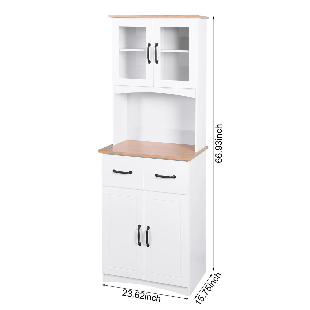 Clearance! Wooden Kitchen Cabinet White Pantry Room Storage Microwave Cabinet with Framed Glass Doors and Drawer