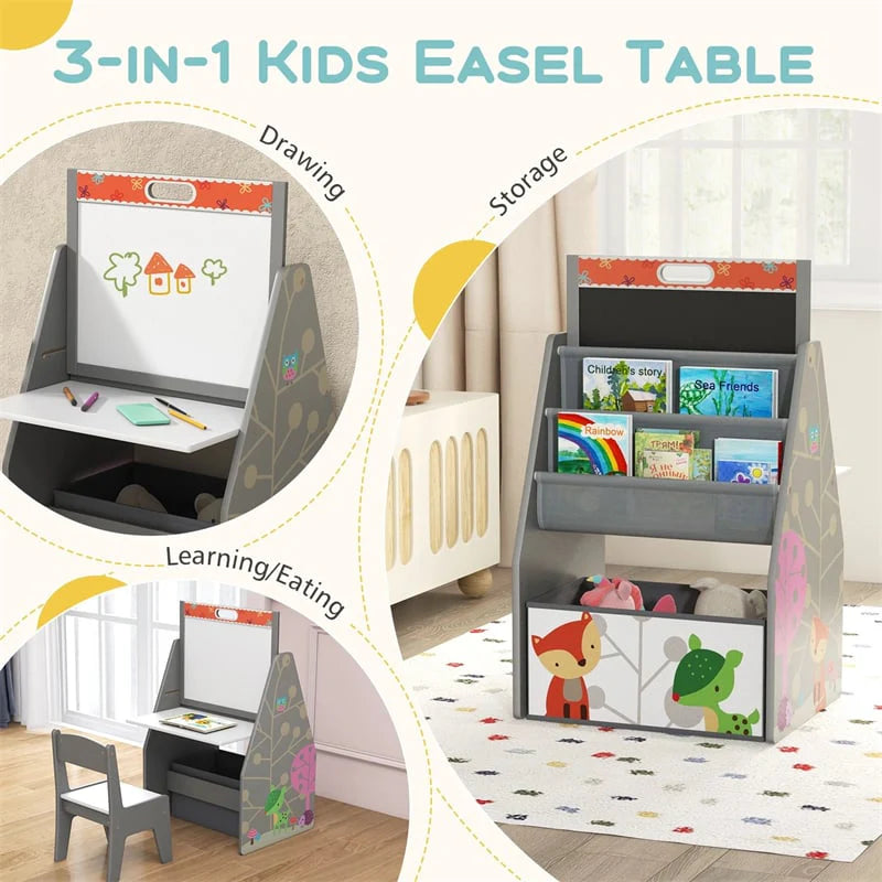 3-in-1 Kids Art Easel with Chair, Wooden Toddler Easel Table & Chair Set w/ Double-Sided Magnetic Whiteboard & Chalkboard, Bookshelf, Storage