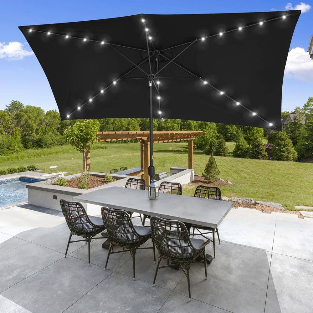 Solar LED 10 ft. x 6.5 ft. Aluminum Patio Rectangle Market Umbrella in Black with Push-Button Tilt