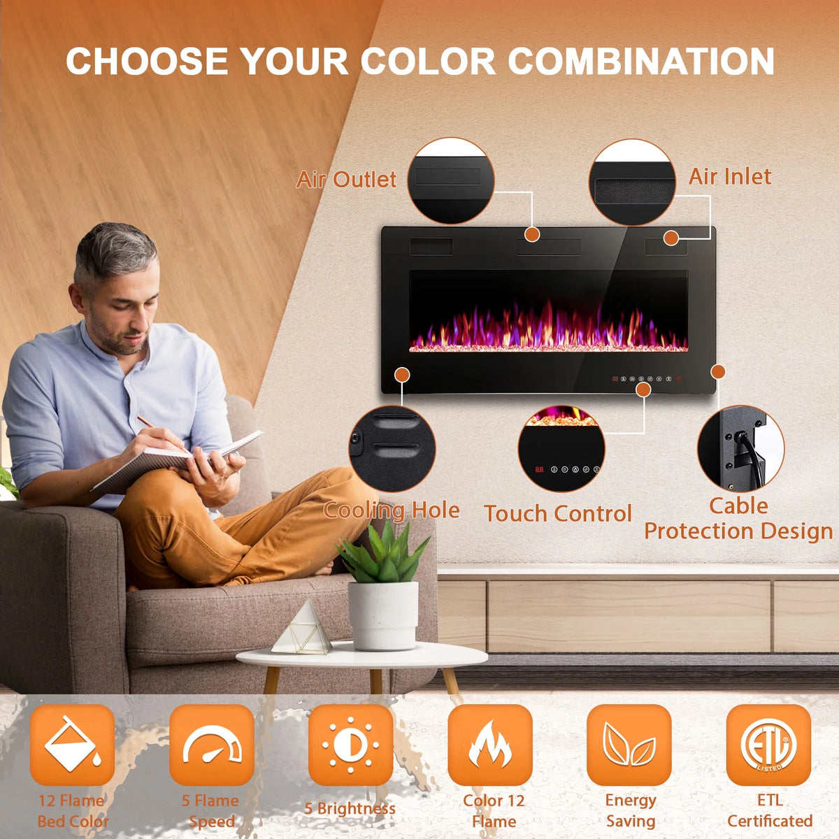 KISSAIR 60 Indoor Electric Fireplace Ultra Thin Fireplace, Wall Mounted Recessed Fireplace with Multiple Colors