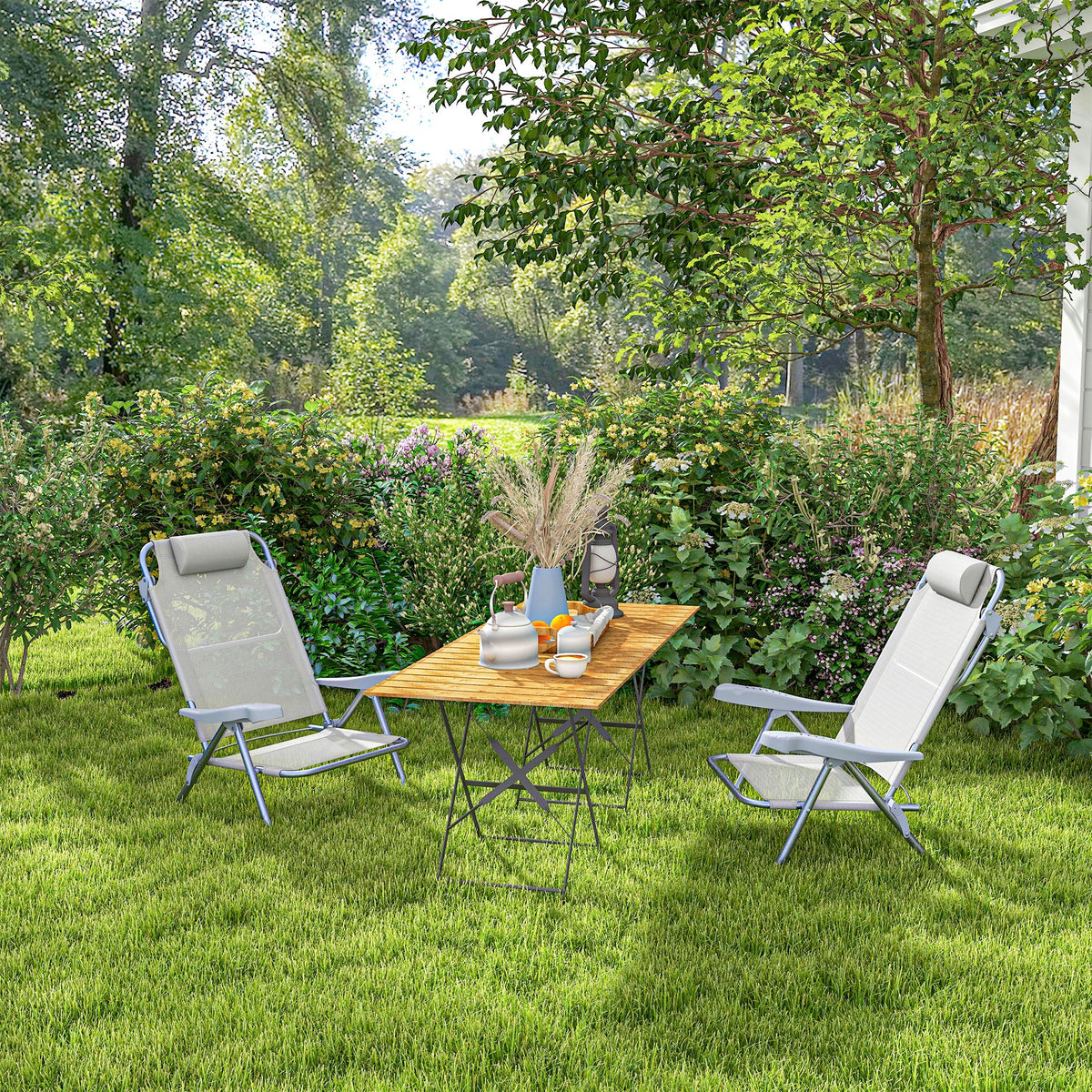 Outsunny Set aus 2 faltbaren Gartenstühlen tragbarer Angelstuhl Campingstuhl mit Kopfstütze 6-stufig verstellbare Rückenlehne
