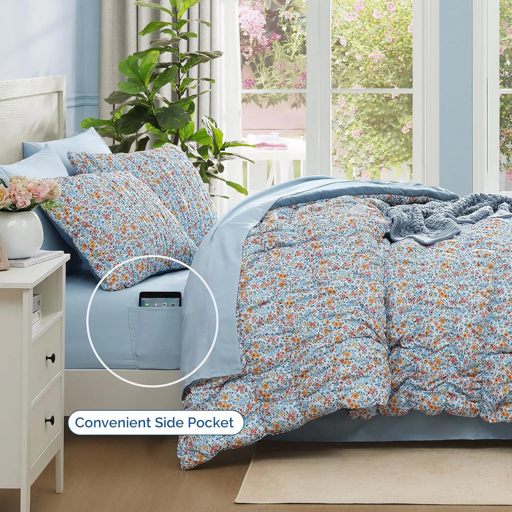 7 Pieces Blue Classic Puff Floral Bedding Sets for All Seasons, Shabby Chic Farmhouse Bed in a Bag Queen with Wildflowers Fluffy Comforter, Sheets, Pillowcases & Shams