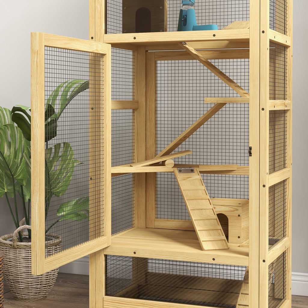 PawHut Käfig für Hamster oder kleine Tiere aus Holz, 5 Etagen mit Leiter Hütte Schaukel 54 x 38 x 131 cm Naturholz