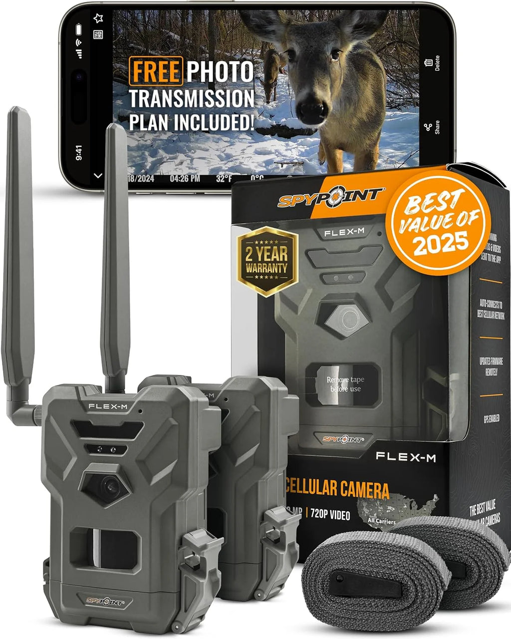 SPYPOINT Flex - M Twin Pack Cellular Trail Camera - Hunting Trail Monitor with GPS, Night Vision, Dual - Sim LTE, IP65 Water - Resistant