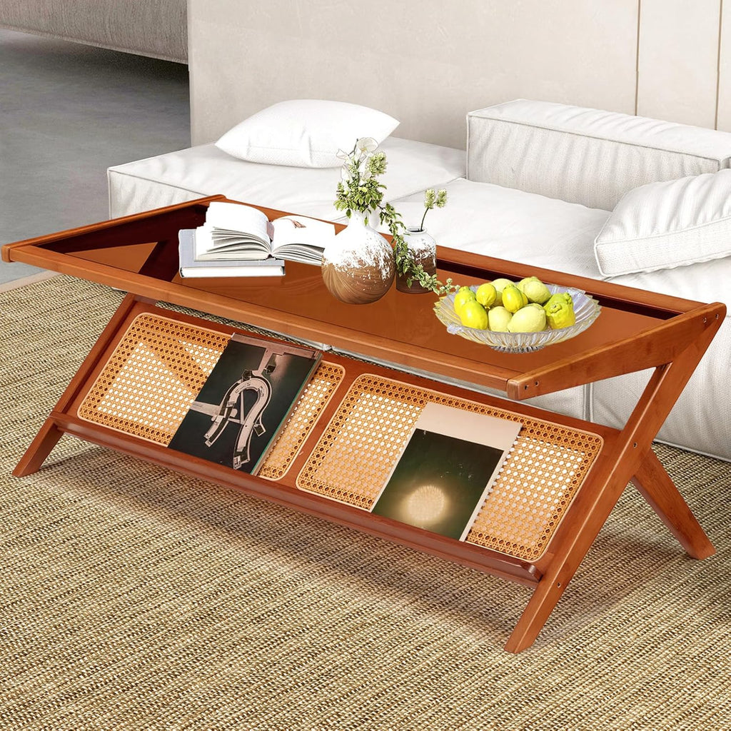 AECOJOY 47" Mid-Century Modern Coffee Table with Glass Top, Bamboo Accent Bedside Tables