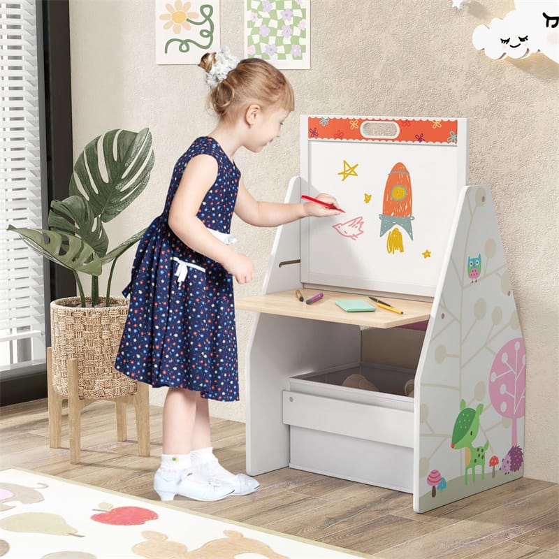 3-in-1 Kids Art Easel with Chair, Wooden Toddler Easel Table & Chair Set w/ Double-Sided Magnetic Whiteboard & Chalkboard, Bookshelf, Storage