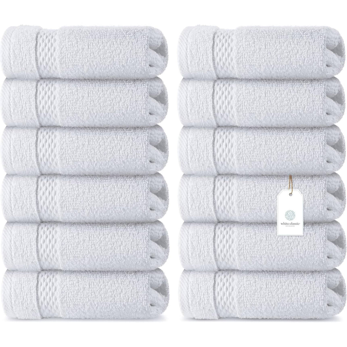 White Classic Luxury 100% Cotton Washcloths Set of 12 - 13x13" White