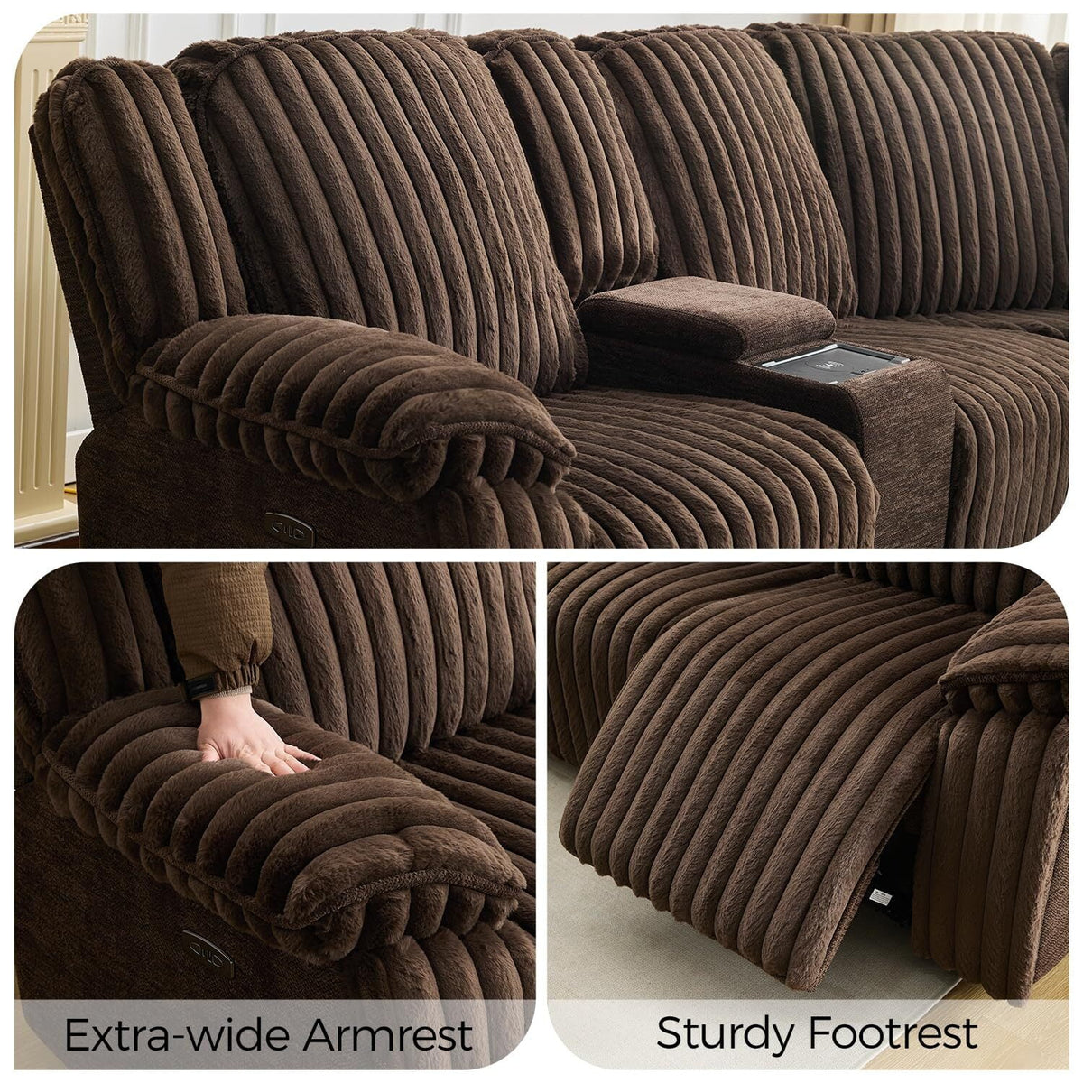 Power Reclining Sectional Sofa with Wireless Charger, 6 - Seater Faux Fur Sectional with Recliners, Hidden Cup Holders, Storage Console, USB & Type - C Ports, Black