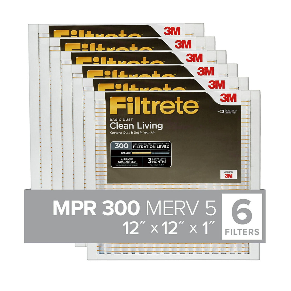 Filtrete 12x12x1 Air Filter, MPR 300, MERV 5, Clean Living Basic Dust 3-Month Pleated 1-Inch Air Filters, 6 Filters