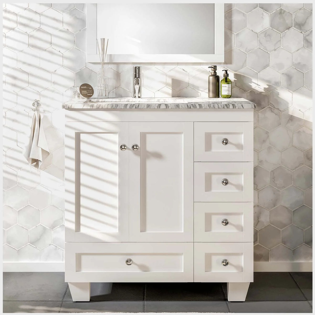 Eviva Happy 30" W x 18" D x 34" H White Bathroom Vanity with White Carrara Marble Counter - Top