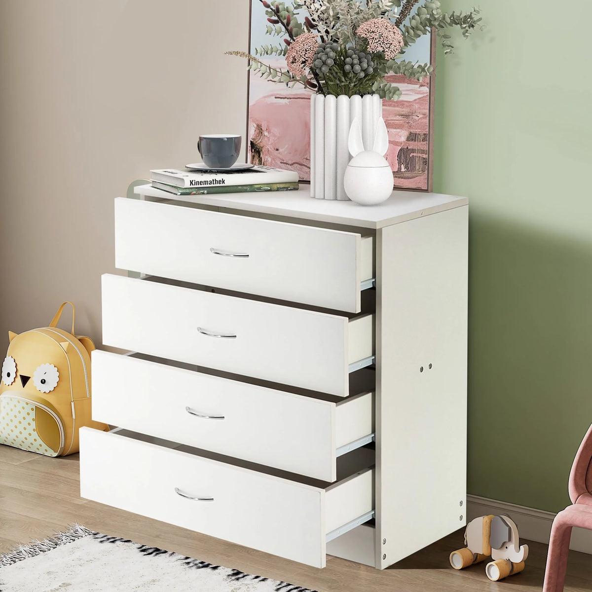 BTMWAY 4 Drawers Chest of Drawers, Wooden Chest of Drawers Storage Cabinet, Heavy Duty Wood Dresser Chest Cabinet for Bedroom, 25.98'' x 14'' x 22.05'', White