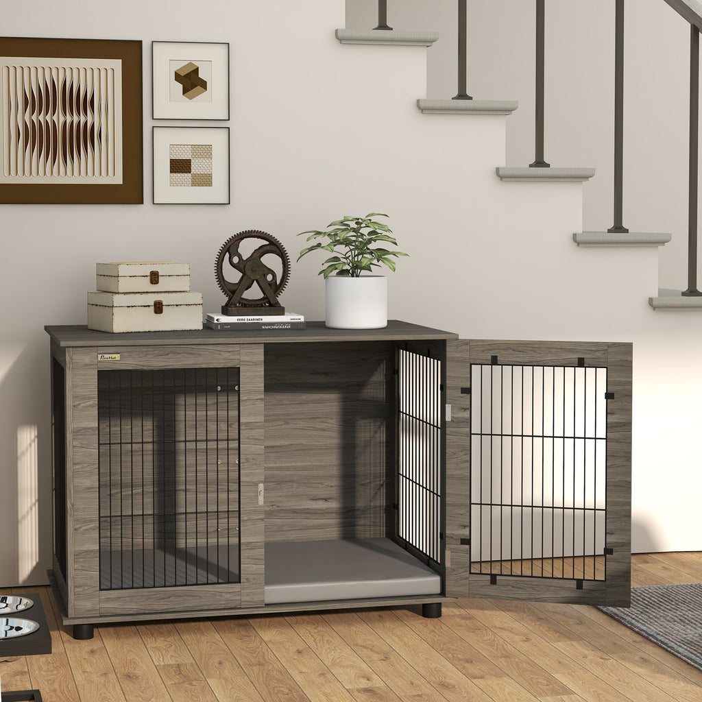 PawHut Hundekäfig 2-in-1 Beistelltisch mit abnehmbarem Plüschkissen, verriegelbarer Tür 100 x 60 x 73,5 cm in Grau