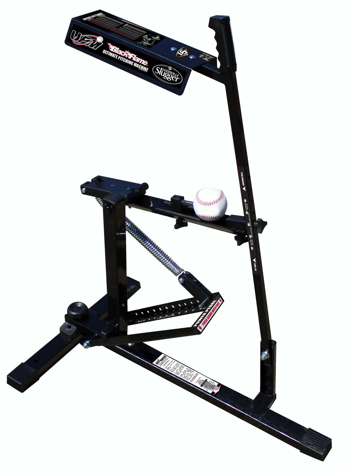 Louisville Slugger Black Flame Ultimate Pitching Machine for Baseball & Softball - Manual, Portable, Throws up to 50 MPH, Youth & Adult Training